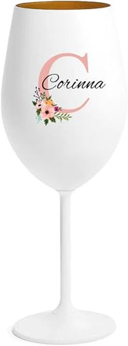 4youDesign | Personalisiertes Weinglas Weiß mit goldener Innenbeschichtung – Glas mit Name & Blumen-Monogramm mit Wunschname – Geschenkidee zur Hochzeit, Geburtstag oder Mädelsabend