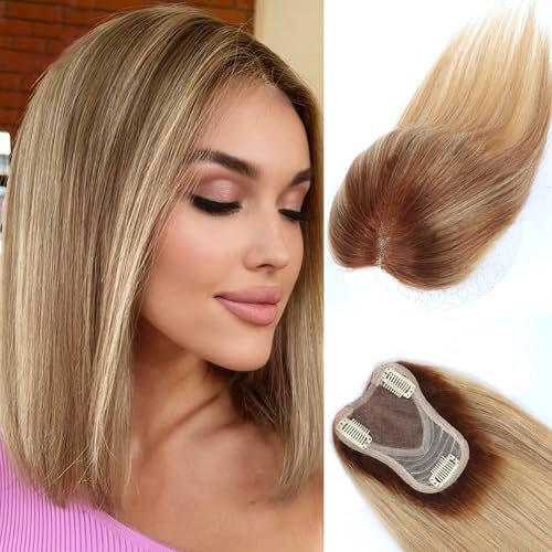 Haarteile Für Frauen Echthaar 30cm 12 Zoll 360° Haarteil Aus Echthaar Für Frauen Mit Dünner Werdendem Haar Realistische Kopfhaut Zum Einclipsen Glatt (Blond Mit Highlights, Seitlicher Pony)