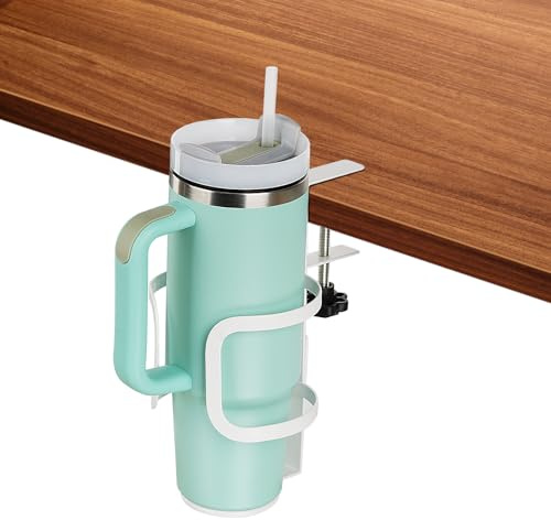 Desk Cup Holder for Stanley, Anti-Spill Cup Holder for Desk, Adjustable Clamp Cup Holder for Stanley Coffee Mugs YETI Bottles, Hydroflask, Owala - White