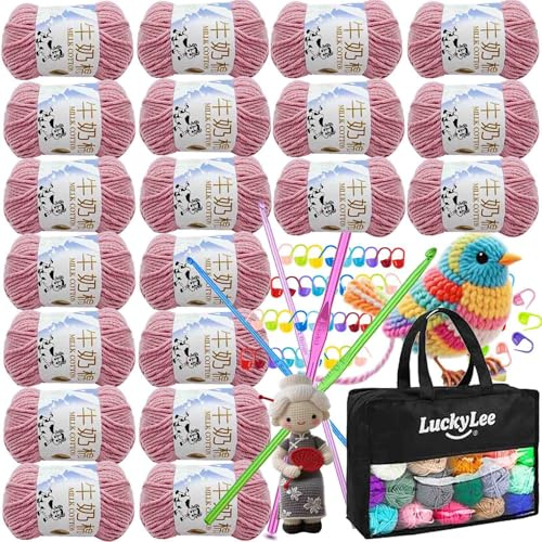 Double Knitting Wool, 20 x 50g Acrylic Crochet Yarn for Knitting, Double Knit Acrylic Wool Super Soft Crochet Yarn with Carry Bag, Crochet Hooks for Blankets, Baby Clothes, Hats, Gloves (Rose Pink)