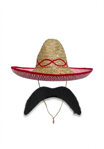 TC Toys - Adult Straw Sombrero Hat & Fake Moustache Set – Mexican Fancy Dress Party Accessories – Authentic Style Embroidery & Self-Adhesive Stick On Tash – Fun Fiesta, Cinco De Mayo, Stag Do Costume