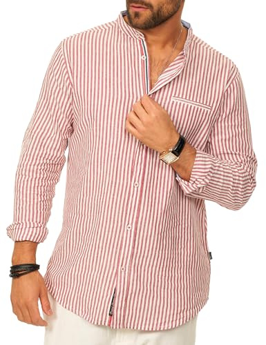 behype. Herren Leinenhemd als Langarmhemd Gestreift - Freizeithemd im Regular-Fit mit Stehkragen Sommerhemd - Strandhemd im Sommer-Look für Männer