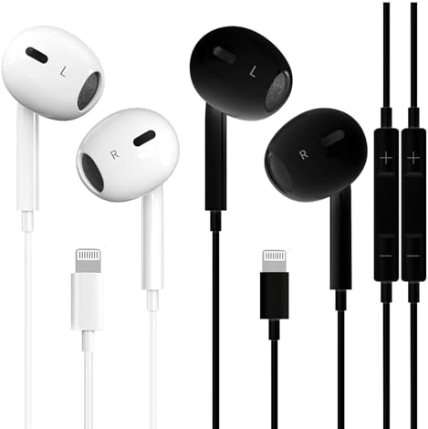 2 Pack iPhone Wired Earbuds, APPLE MFi Certified In Ear Lightning Earphones Headphones Compatible with iPhone 14/13/12/11/8/7/X/Pro/Pro Max iPad (White&Black)