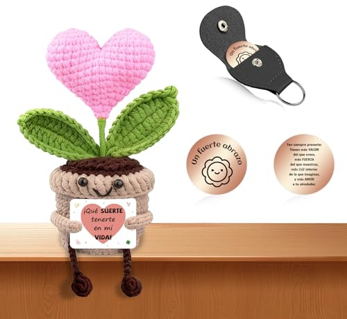 Girasol Crochet con Mensaje Positivo en Español, Regalo Original para Mujer con Flores Crochet y Amuletos de la Suerte, Peluche Motivacional, Regalos Divertidos para Amiga, Niña, Novia, Compañera (C)