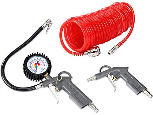 Deuba Set di accessori 3 pezzi compressore aria compressa Pistola per il soffiaggio manometro Tubo spirale 5m bloccacavo