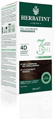 Herbatint Gel colorante permanente 3 dosis, 300 ml – 4D castaño dorado, sin amoniaco, para pieles sensibles, cobertura 100% de cabellos blancos, con 8 extractos naturales biológicos