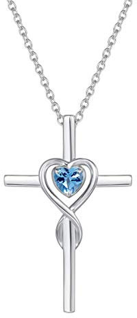 FANCIME Damen Halskette mit Unendlichkeit Symbol Kreuz Anhänger aus 925 Sterling Silber, Natürlicher Blau Topas Edelstein Herz Form November Geburtsstein Kette - Verstellbar Kettenlänge: 40 + 5 cm