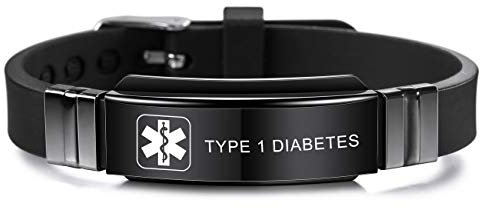MOWOM Medical SOS Notfall Armband Personalisiertes Gravur Silikon Edelstahl Namensarmband Männer Damen Jungen Mädchen - Bündel mit Notfallkarte, Kartenhülle (Schwarz Type 1 Diabetes)