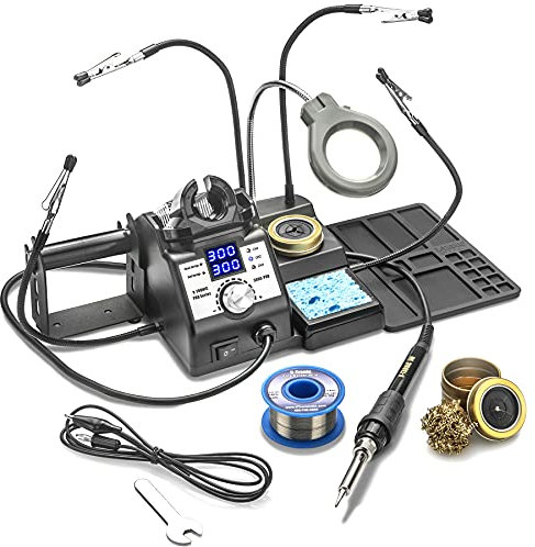 X-Tronic 3060-PRO - 75 Watt Soldering Iron Station with Mini Mag Lamp & 4 Helping Hands - 2 Digital LED Displays, 3 Temp Presets, Sleep Func, C/F Func, Brass Sponge w/Flux & Wet Sponge