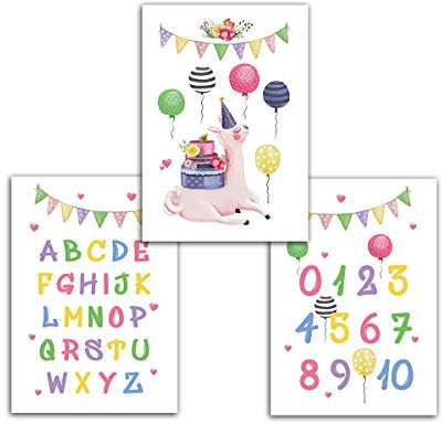 Junaversum Poster Plakat für Kinderzimmer Lama Zahlen Buchstaben ABC Mädchen für Babyzimmer Wandbilder A4 Tiere Lernposter Wandposter (3-er Set)