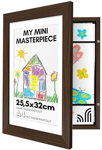 Americanflat A4 Bilderrahmen für Kinderzeichnungen - Walnuss - Zeigt 22x28 mit Passepartout & 25x32 ohne Passepartout - Verbundholz mit Bruchsicherem Glas - Horizontale & Vertikale Versionen