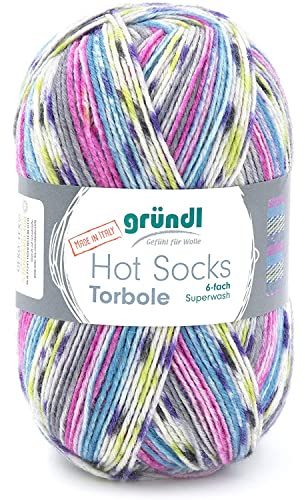 Gründl Hot Socks Torbole (Sockenwolle aus 75% Schurwolle (superwash) & 25% Polyamid, 6-fach Sockengarn, 150g / 375m, Nadelstärke: 3-4 mm, 1 x 150 g), lavendel-capri-pflaume-weuß-salatgrün-gelb