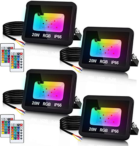 Lospitch 4er 20W Strahler RGB, Aussenstrahler LED mit Fernbedienung, RGB Farbwechsel Flutlicht, Scheinwerfer Farbig Außen, 16 Farben 4 Modi Bunt Dimmbar, Garten Garage Baum Hochzeit Deko