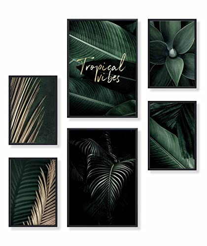 Heimlich® Premium Poster Set mit Bilderrahmen Aluminium Schwarz | 2 x DIN A3 & 4 x DIN A4 - ca. 30x42 & 21x30 | Stilvolle Poster Collagen mit passenden Bilder als Wanddeko » Gold Grün Agave «