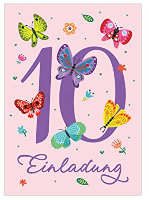 Junapack 12 Einladungskarten zum 10. Kindergeburtstag zehnte Geburtstag Mädchen Schmetterlinge
