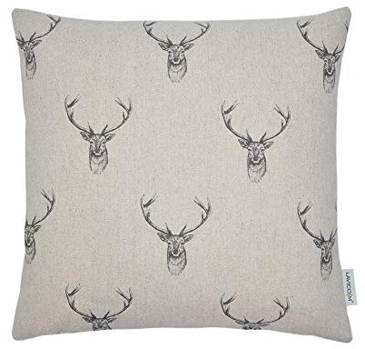 Dekokissen 40x40 cm mit Hirsch Motiv – Kissenbezug natur/grau im Landhausstil – Baumwolle mit Leinen – Scandi Kissen inkl. Inlett – Zierkissen Sofa Schlafzimmer