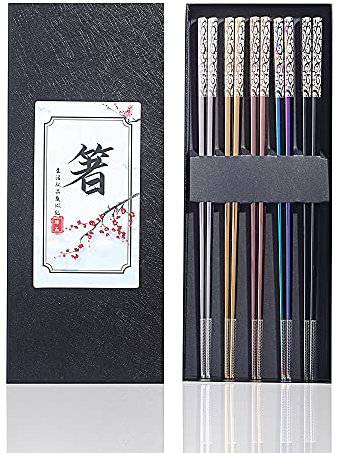5 Paar Edelstahl-Essstäbchen,Buntes Wiederverwendbare Chinesische Chopsticks Set,Waschbar Für GeschirrspüLer Metall Stäbchen,Geschirr Geschenkset(Mehrfarbig)