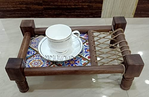 Traditional Decorative Asian Cot Tray for Snacks & Drinks | North Indian Decorative Wooden Cot Decor Accent Breakfast/Tea/Snack/Wooden Decor Tray Used Dining Room Serving Tray Coffee Table Tray