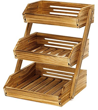CALM COZY Fruit Basket, 3 Tier Wooden Fruit Basket Bowl Holder for Kitchen, Bread Fruit Storage Basket Wooden Vegetable Rack