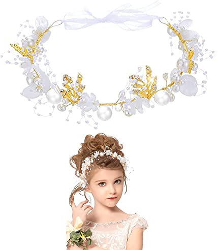 DRERIO Blumenmädchen Stirnband Zarte Kopfkette Perlenstirnband Fee Blumenstirnband Hochzeit Haarbänder Weißer Kopf Ranken Blumenmädchenkrone Haarschmuck für Hochzeit Xmas Festival Mädchen Geschenk