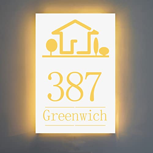 LED Address Numbers Plaque, Rectangle Silver Stainless Steel & Acrylic Backlit Floating House Sign Door Number Plaque, Illuminated Address Signs, Warm Light,30 * 23