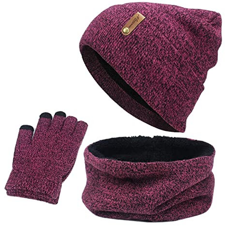 Mutze Schal Set Damen Rosa, Mütze Handschuhe Schal Set für Damen Mädchen,Warme Winterset Strickschal 3 in 1 Set Winter Gestrickt Langer Beanie Schnee Hut Skifahren