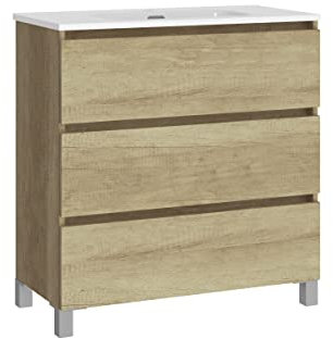 Baikal, Conjunto de baño Natura. Mueble de Baño de Fondo Reducido, con Lavabo cerámico. Distribución Tres Cajones. Mueble MONTADO. Tres Cajones sin Espejo. Fondo 39cm 70 cm Nature
