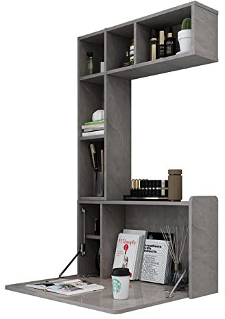 Wandtisch Schreibtisch, Computertisch mit 5 Regale, Bürotisch, PC Tisch Gaming, Hölzern Tisch, Wandklapptisch mit Abgerundeten Ecken Klapptisch Esstisch Schreibtisch Kinderschreibtisch für Home Office
