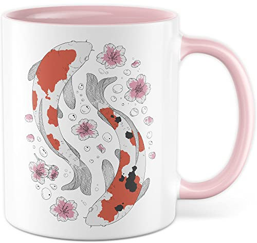 Koi Design Tasse mit Bild Kaffeetasse Koikarpfen Kaffee-Becher Koi-Karpfen Druck Fische und Blumen Tasse Zeichnung Fisch und Pflanzen im Wasser Motiv Japan japanische Karpfen (Weiß/Pink)