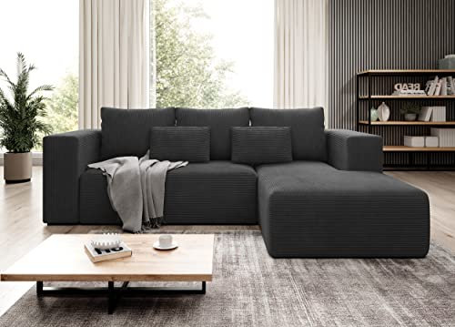 Moderno Ecksofa mit Schlaffunktion und Bettkasten Stripes - Sofa mit 3 Sitzer und Robuste überzug - Schlafcouch L-Form - Modern Couch Cord - 255x73x161 cm - Rechts Graphit