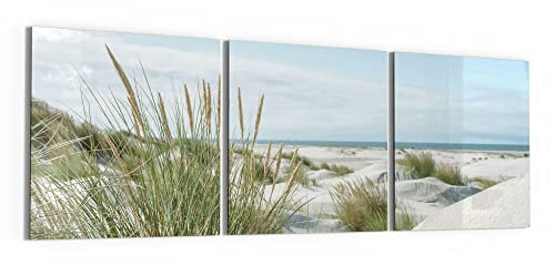 DEQORI Glasbilder Acrylglas | Motiv Dünen an Nordseeküste | horizontal 3-teilig 150x50 cm | große XXL Deko | Wandbilder für Wohnzimmer, Schlafzimmer, Flur & Küche | moderne Wanddeko
