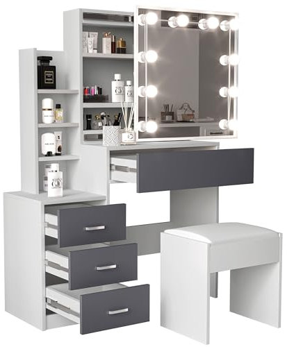 Blisswood Dressing Table with Mirror and Stool, Vanity Desk with 4 Drawer 3 open Storage Shelves and 3 Hidden Shelves, Modern Makeup Table for Bedroom & Living Room (White/Grey)