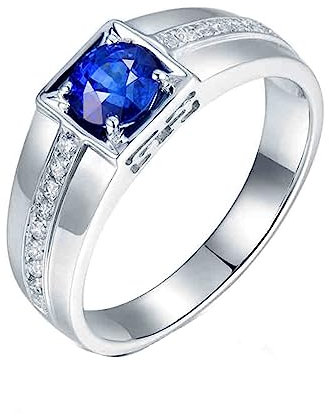 Männer Ringe Blau, Herren Ring Breit 18 Karat Weißgold Saphir 1,059 ct Runder Saphir mit 0,18 ct Diamant Schmuck Größe 63 (20.1)