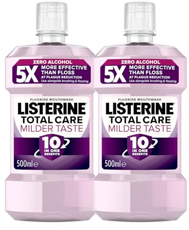 Listerine Total Care Mild Taste (Alcohol Free) Antibacterial Mouthwash (Pack of 2 x 500ml), Fresh Mint Flavour with 6-in-1 Benefits