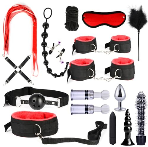 BDSM Sex Bondage Set 17 Stück Sexspielzeug für Paare Extrem Sex ondageset Fessel Set Handschellen Peitsche Nippelklemmen Knebel Analplug Set für Anfänger und Erfahrene Paare
