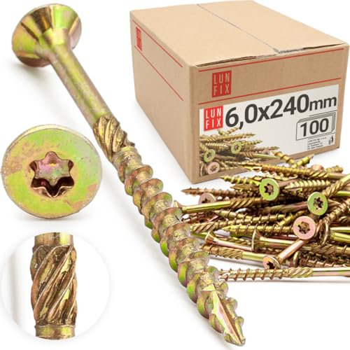Vis à bois Torx 6,0 x 240 mm (100 Pièces), tête fraisée avec nervures de fraisage, universelle jaune zinguée en acier pour aggloméré, panneau bois, terrasse, menuiserie et charpente, Lun Fix