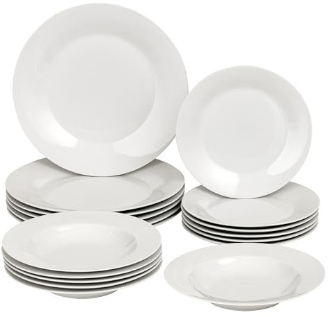 Baroni Home Vajilla de 18 Piezas de Porcelana, Juego de Platos para 6 Personas, Platos Hondos, Platos Llanos, Platos de Frutas o Dulces, Estilo Blanco