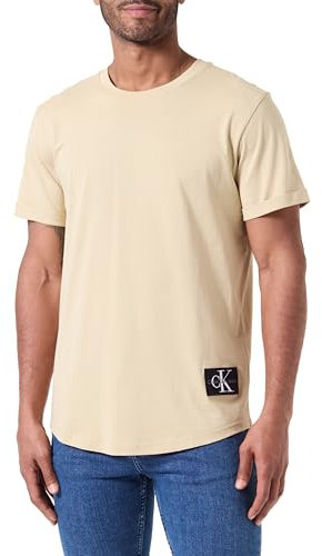 Calvin Klein Jeans Herren T-Shirt Kurzarm Badge Turn Up Sleeve Rundhalsausschnitt, Beige (Pale Khaki), XS