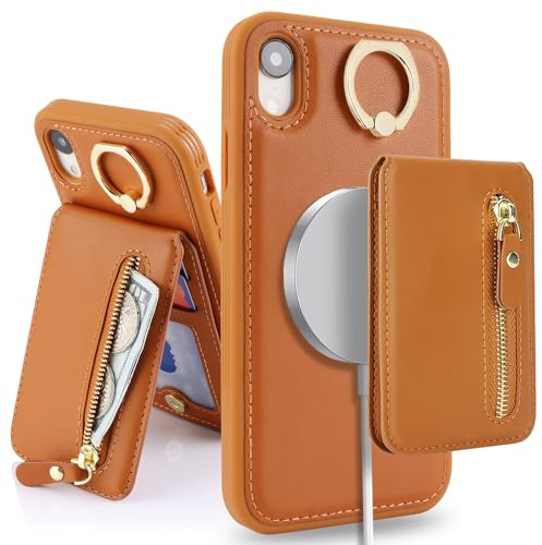 SailorTech Phone Case for iPhone XR Phone Case with Card Holder, Cover for iPhone XR Case Ring Stand with Kickstand Card Slots Wallet Detachable 2-in-1 Zipper Case - Brown
