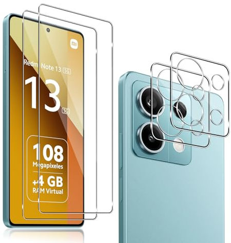 QULLOO [2+2 Piezas Protector de Pantalla para Xiaomi Redmi Note 13 5G (Non per Redmi Note 13 4G) & Protector de Lente de cámara, 9H Dureza Vidrio Templado Sin Burbujas Film Cristal Templado