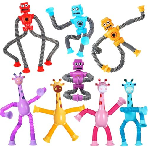 8 Stück Roboter Pop Tubes,Telescopic Suction Cup Giraffe Toy,Fidget Toys Kinder,Sensorische Stretch Röhren,Saugnapf Spielzeug,Lustiges Stressabbau Für Kinder Und Erwachsene