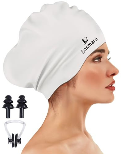 Große Badekappe mit langem Haar mit extra Platz für Damen und Herren, Silikon-Badekappe für langes, Dickes Haar, mit Ohrstöpseln, Nasenklammer, wasserdichte Badekappe, um das Haar trocken zu halten