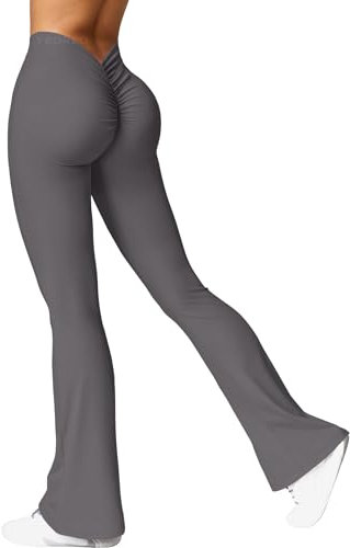YEOREO Damen Flared Leggings V Back Taille Scrunch Workout Leggings High Waisted Butt Lifting Nahtlose Gym Yoga Schlaghose Leggings Dunkelgrau L