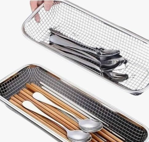 PEBBLE HUG Stainless Steel Cutlery Basket with Drainage, for Spoon Fork, Chopsticks, Multiple Functions, Utensil Drying Holder, Durable and Safe, Versatile Use, Space-Saving (31x12cm)