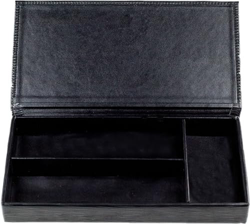 DELMON VARONE - Personalisierbarer Ablagekasten mit Deckel aus Premium Leder Manhattan Schwarz - Schreibtischschale für Kugelschreiber, Füller & Schreibutensilien, Echtleder Stifteetui mit 3 Fächer