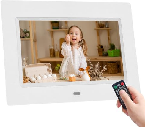 Digitaler Bilderrahmen 7 Zoll, HD IPS Bildschirm Elektronischer Bilderrahmen mit Fernbedienung Foto/Video/Musik/Kalender Unterstützung USB SD Karte (Weiß)