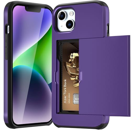 ACOCOBUY for iPhone 14 Case with Card Holder Sliding Cover Hidden Pocket IDs Credit Cards Slot Heavy Duty Shockproof Protective Dual Layer Wallet Phone Cover Back Shell for Men Women 6.1 inch Purple