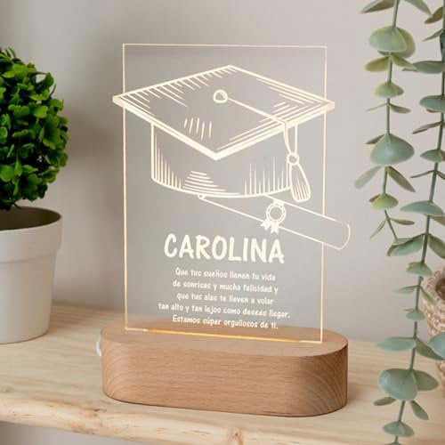 Made in Gift Lámpara de metacrilato con base de madera personalizada con diseño Graduación como Regalo Original para Graduaciones