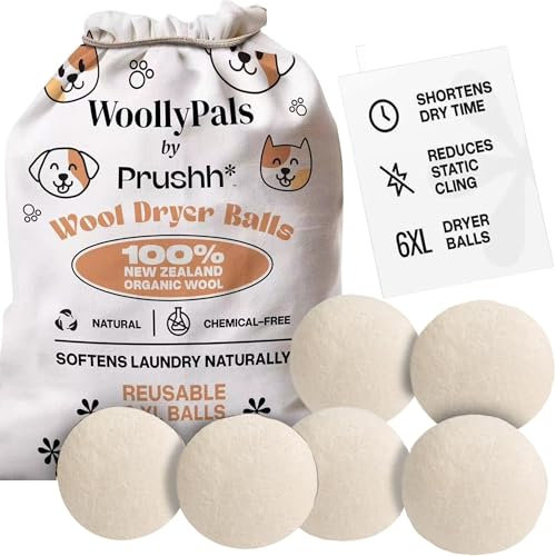WoollyPals - Bolas de lana para secadora (paquete de 6, tamaño XL), 100% lana orgánica de Nueva Zelanda, sostenible y ecológica, seca 1,000 cargas, reemplaza las hojas de secadora, reduce la