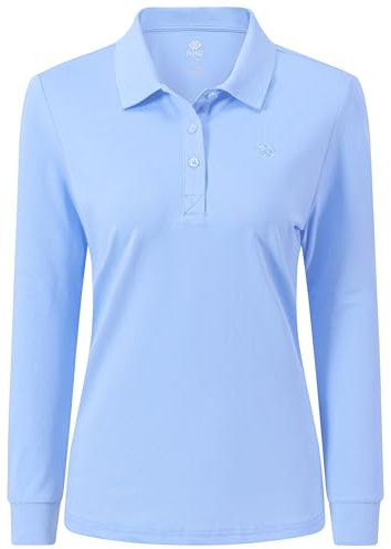 MoFiz Women's Long Sleeve Polo Shirts Lady-fit Golf Tennis Top Cotton Casual Work Golf Gym Active Sport Shirt with Buttons Light Blue Size US M